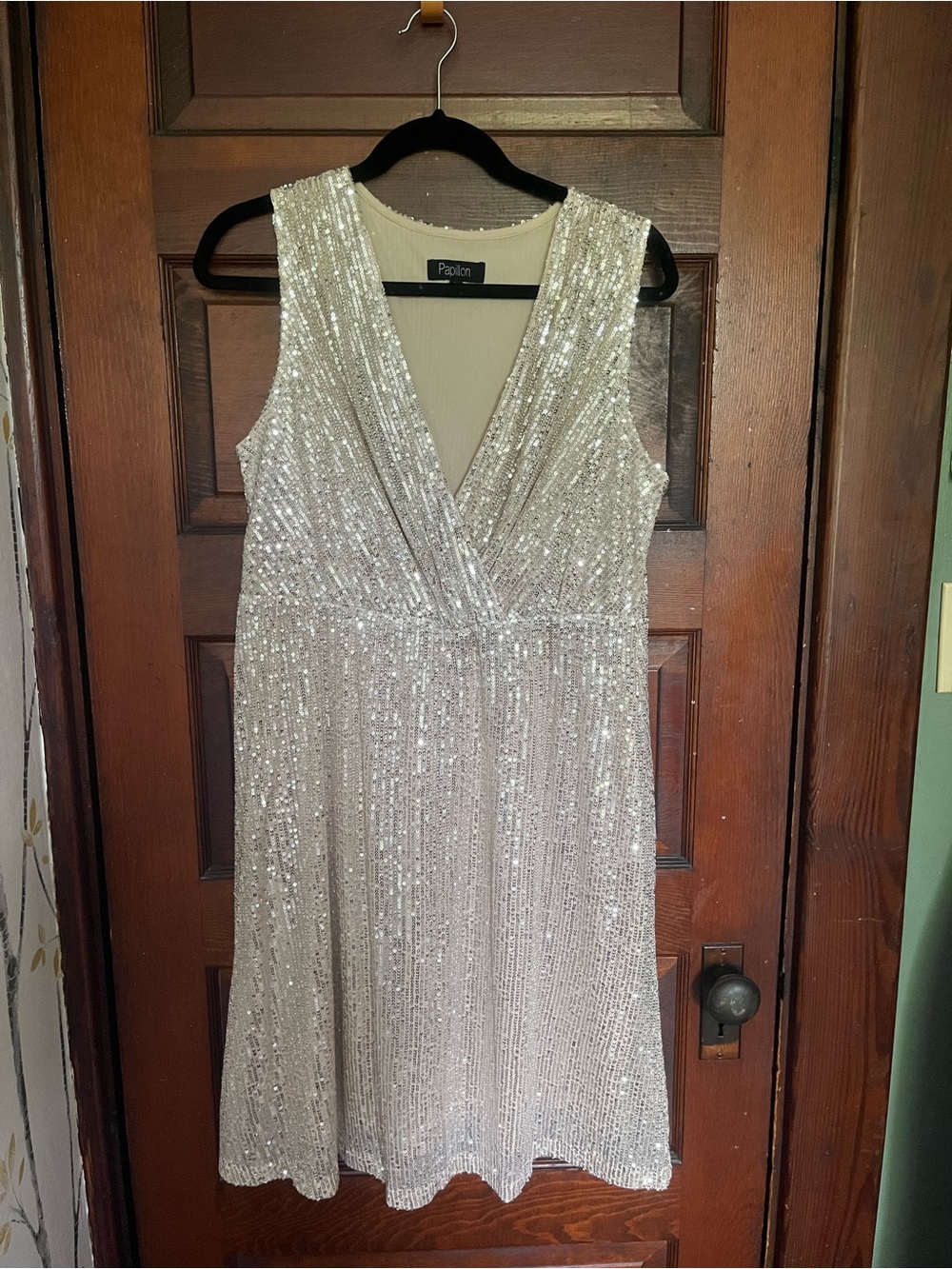 Papillon Blanc champagne Sequin V-Neck Midi Dress